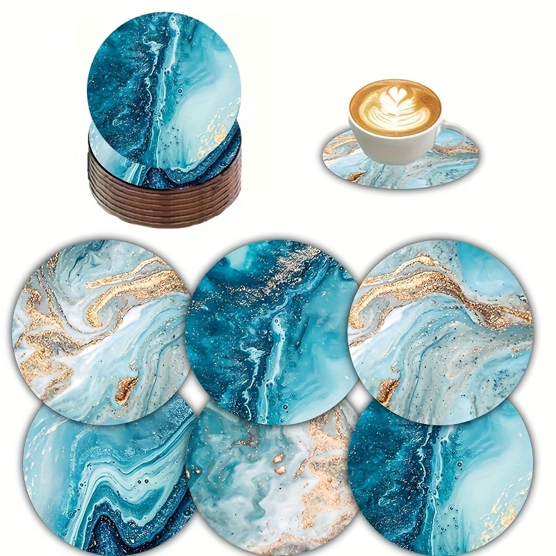 Marble Coaster Set - 2D 평면 6개 블루 오션 원형